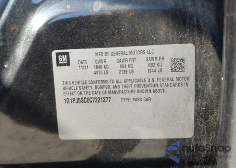 2012 Chevrolet Cruze Eco из США, поврежденный, VIN 1G1PJ5SC0C7221277